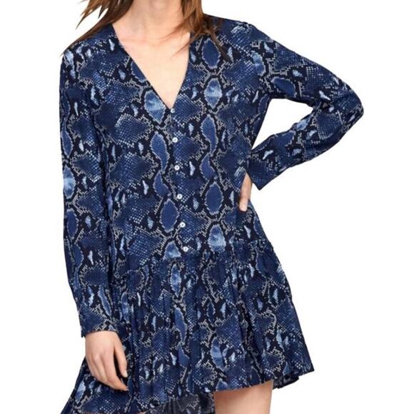 Zara Blue Snakeskin Print Long Sleeve Ruffle Shift Dress Size Small - Picture 1 of 12